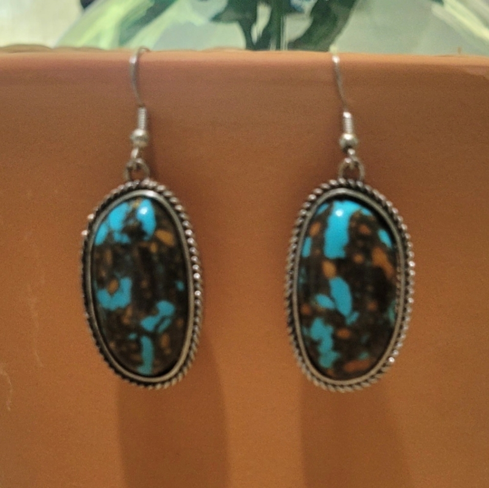 Blue Turquoise With Copper Matrix Earrings New